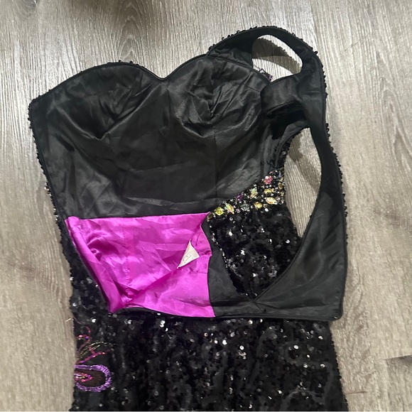 Cinderella One Shoulder Open Back Full Sequin Black & Purple Peacock Dress Sz 4 - Picture 9 of 16